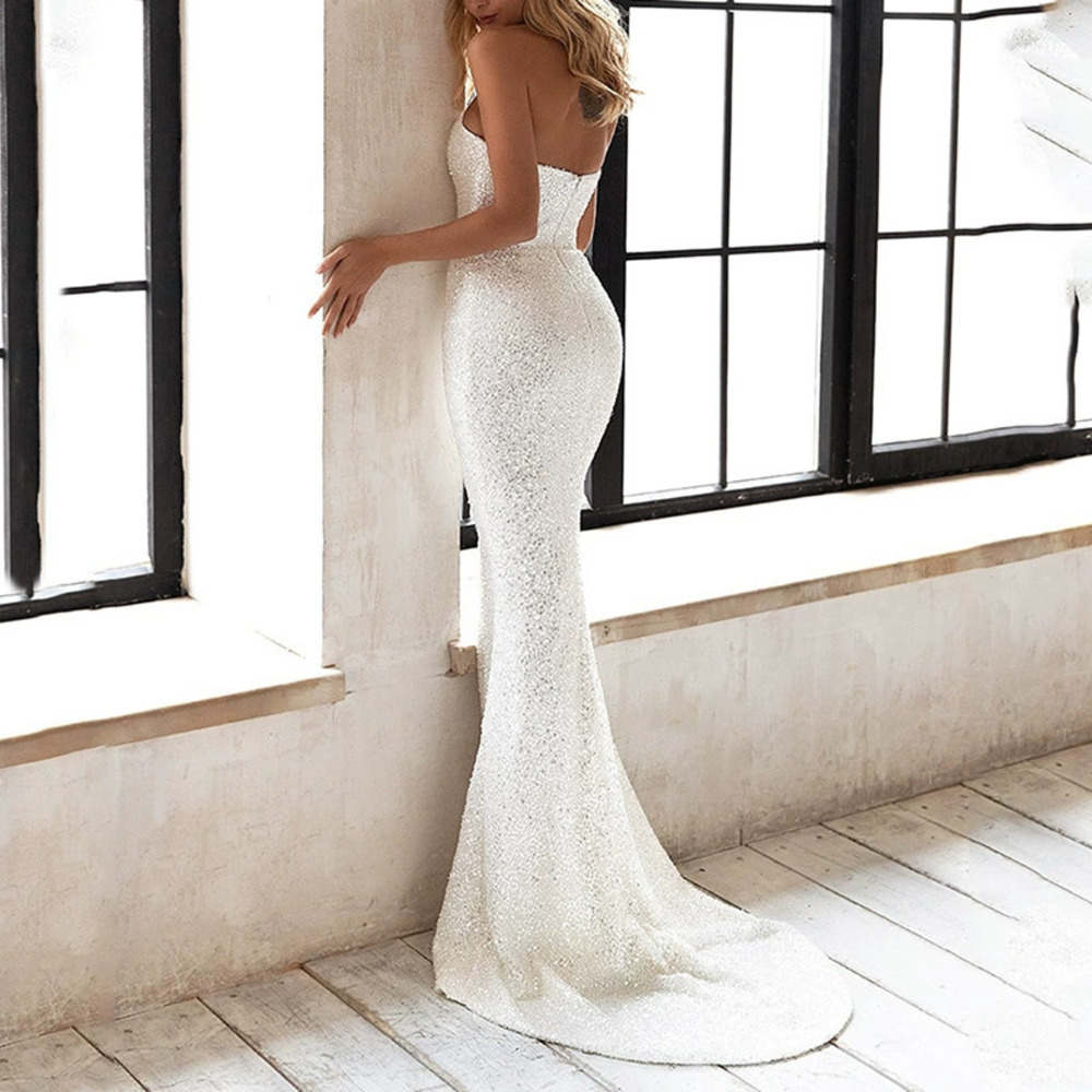 ZARA Summer White Sequin Bodycon Strapless Maxi Dress Nightclub Sexy